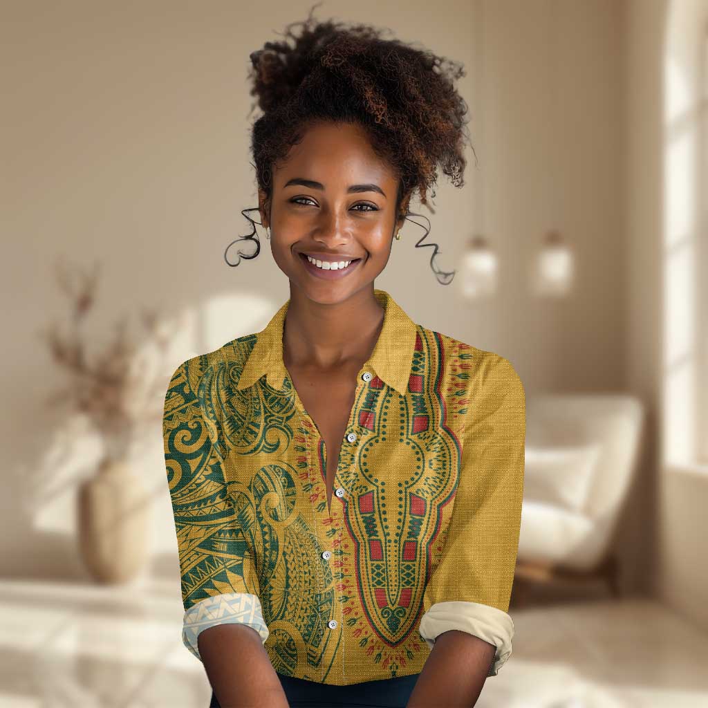 Dashiki and Polynesian Pattern Women Casual Shirt Afro Pacific Culture Gold Version LT9