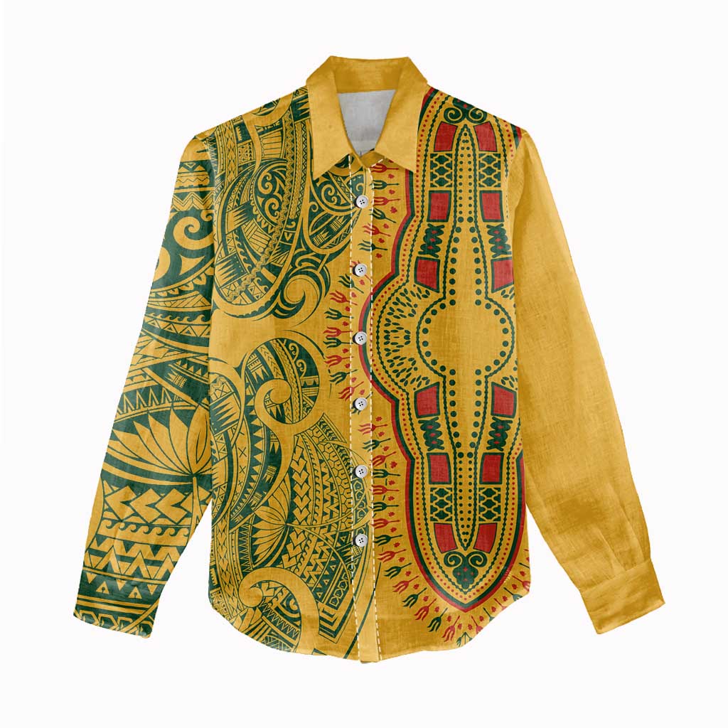 Dashiki and Polynesian Pattern Women Casual Shirt Afro Pacific Culture Gold Version LT9
