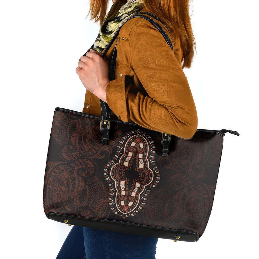 Africa Dashiki Leather Tote Bag African Tribal Art Mixed Polynesian Tattoo Red Color Unique LT9