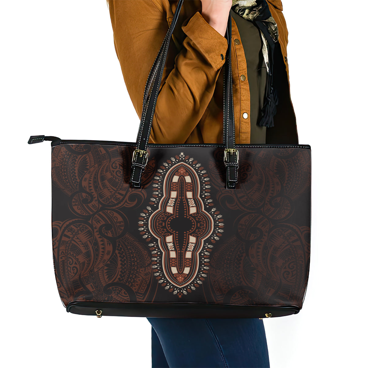 Africa Dashiki Leather Tote Bag African Tribal Art Mixed Polynesian Tattoo Red Color Unique LT9