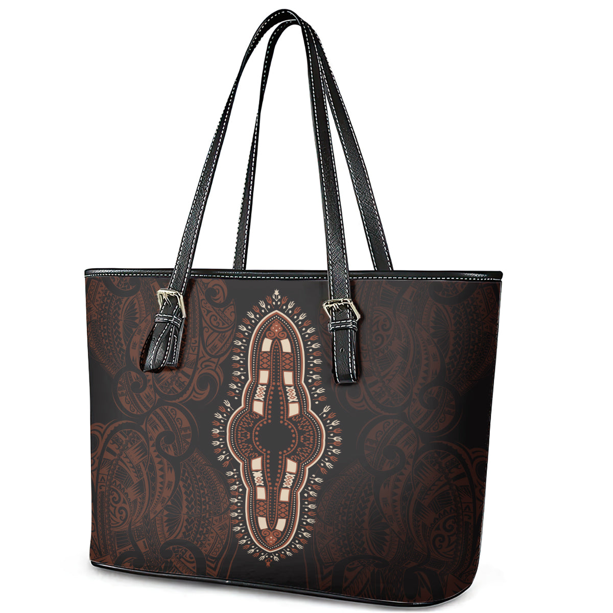 Africa Dashiki Leather Tote Bag African Tribal Art Mixed Polynesian Tattoo Red Color Unique LT9