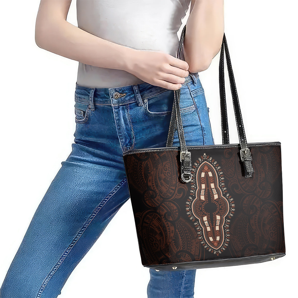Africa Dashiki Leather Tote Bag African Tribal Art Mixed Polynesian Tattoo Red Color Unique LT9