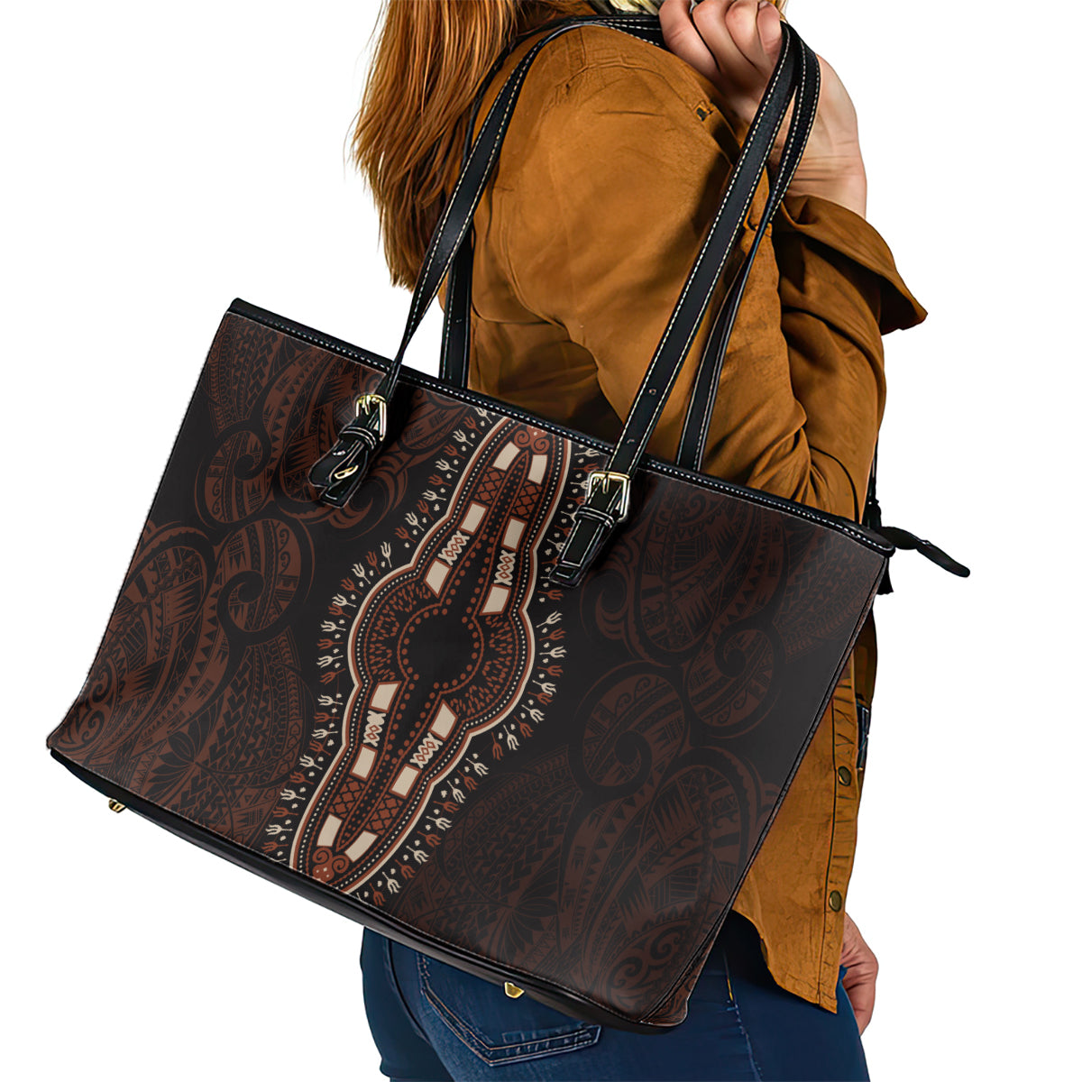 Africa Dashiki Leather Tote Bag African Tribal Art Mixed Polynesian Tattoo Red Color Unique LT9