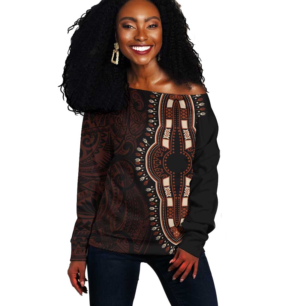 Dashiki and Polynesian Pattern Off Shoulder Sweater Afro Pacific Culture Red Version LT9