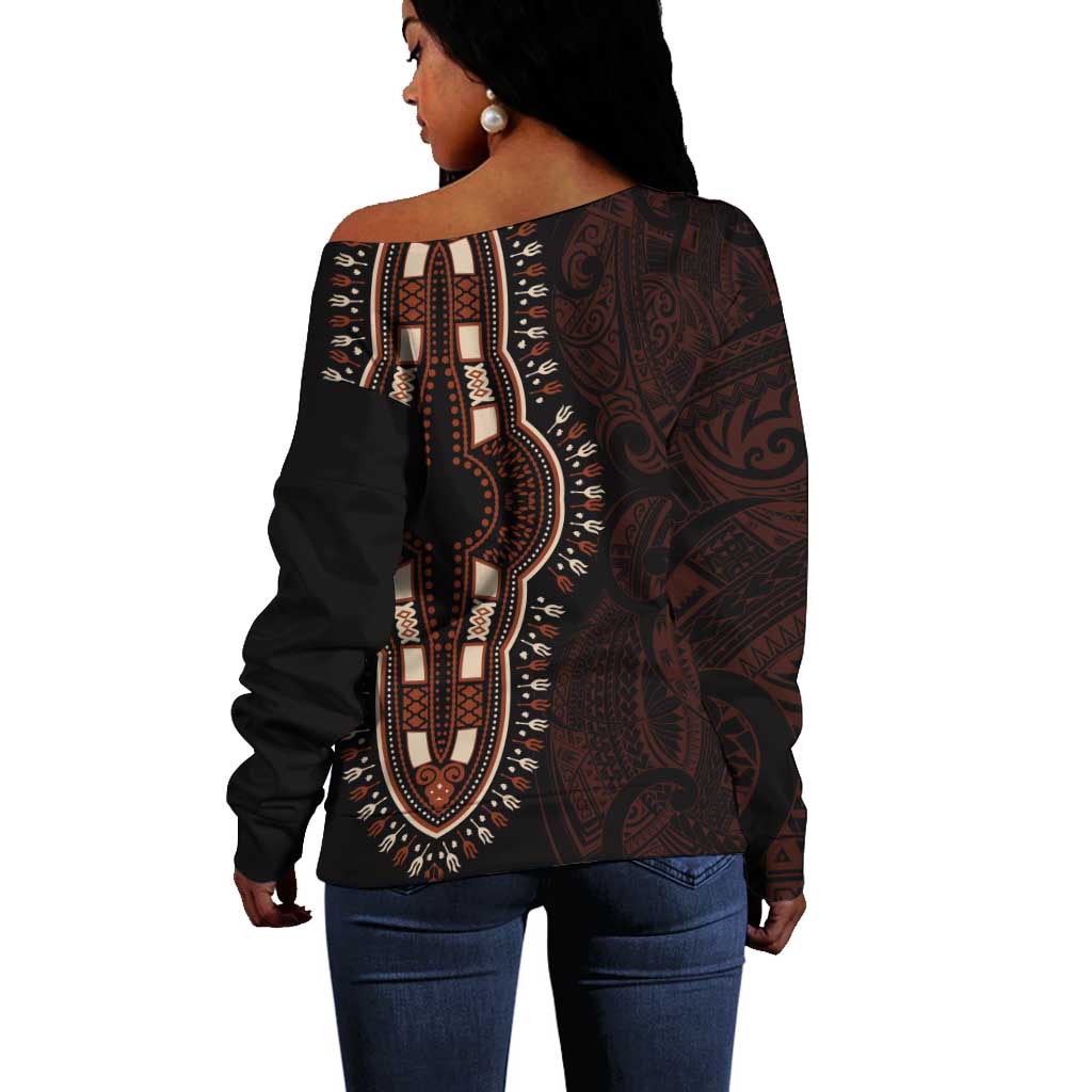 Dashiki and Polynesian Pattern Off Shoulder Sweater Afro Pacific Culture Red Version LT9