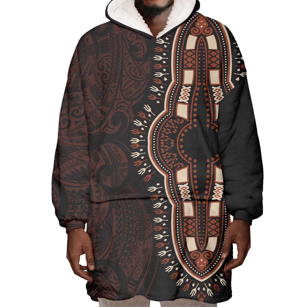 Dashiki and Polynesian Pattern Wearable Blanket Hoodie Afro Pacific Culture Red Version LT9