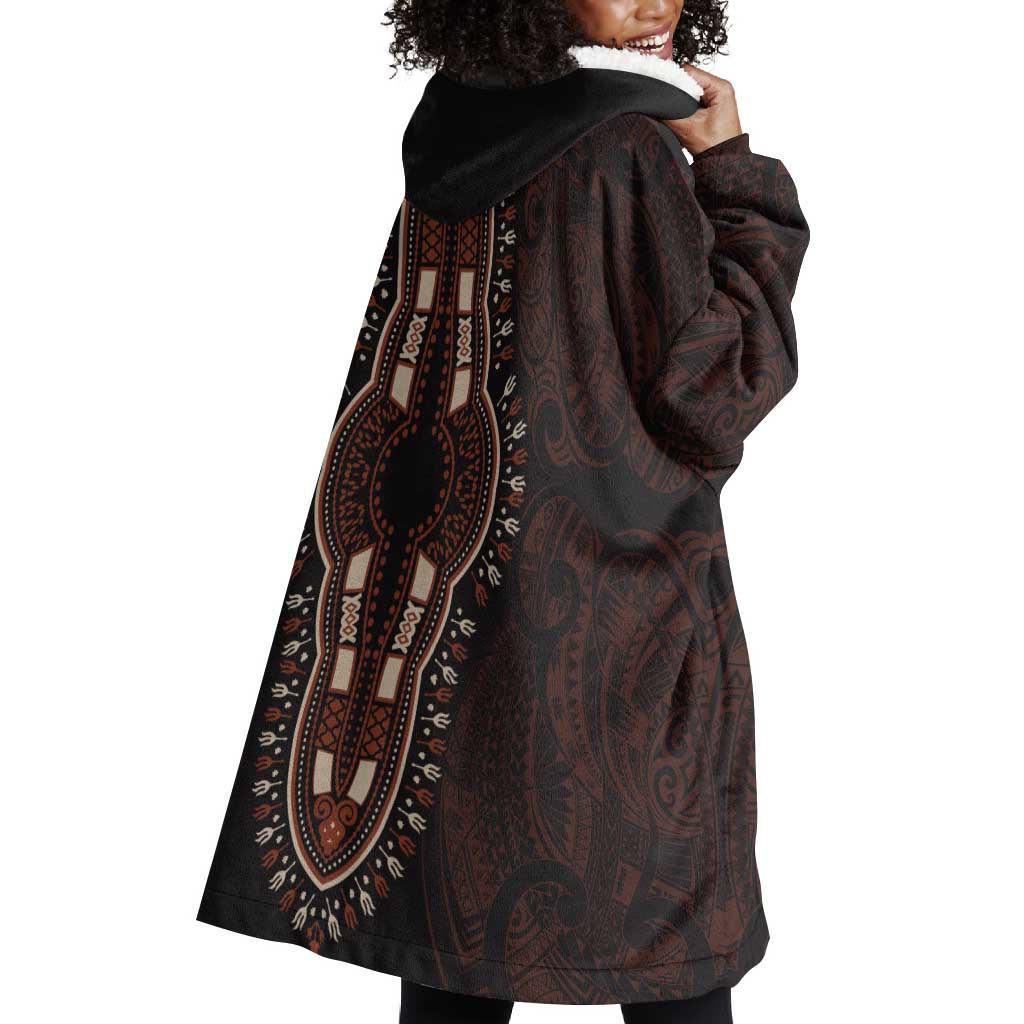 Dashiki and Polynesian Pattern Wearable Blanket Hoodie Afro Pacific Culture Red Version LT9