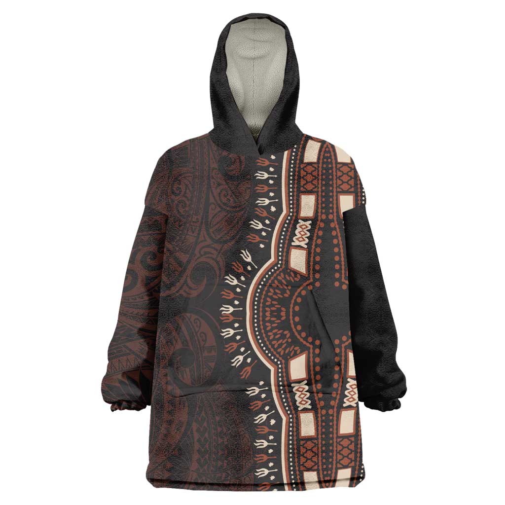 Dashiki and Polynesian Pattern Wearable Blanket Hoodie Afro Pacific Culture Red Version LT9