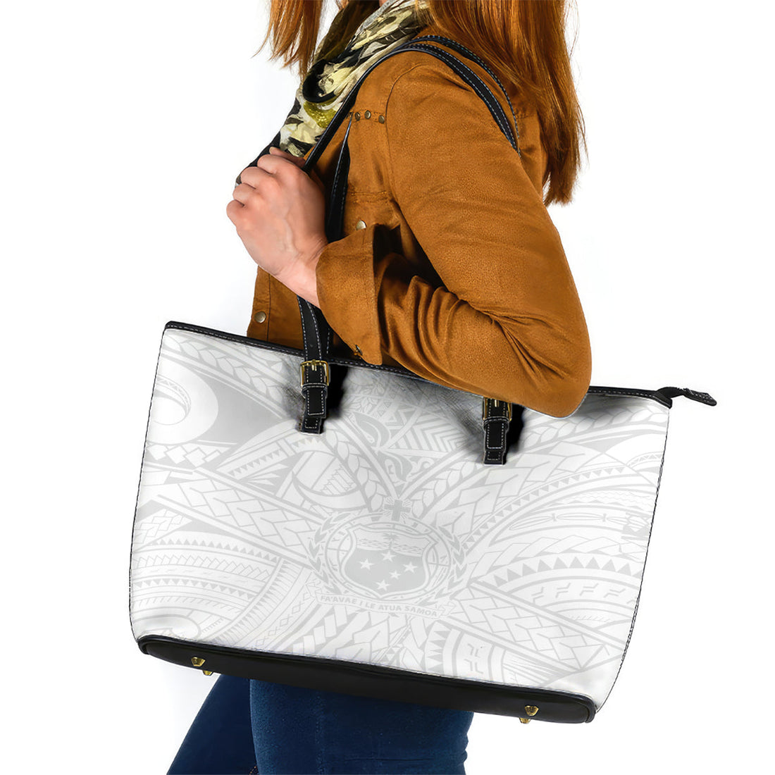 Samoa Lotu Tamaiti Leather Tote Bag Polynesian White Sunday Simple LT9