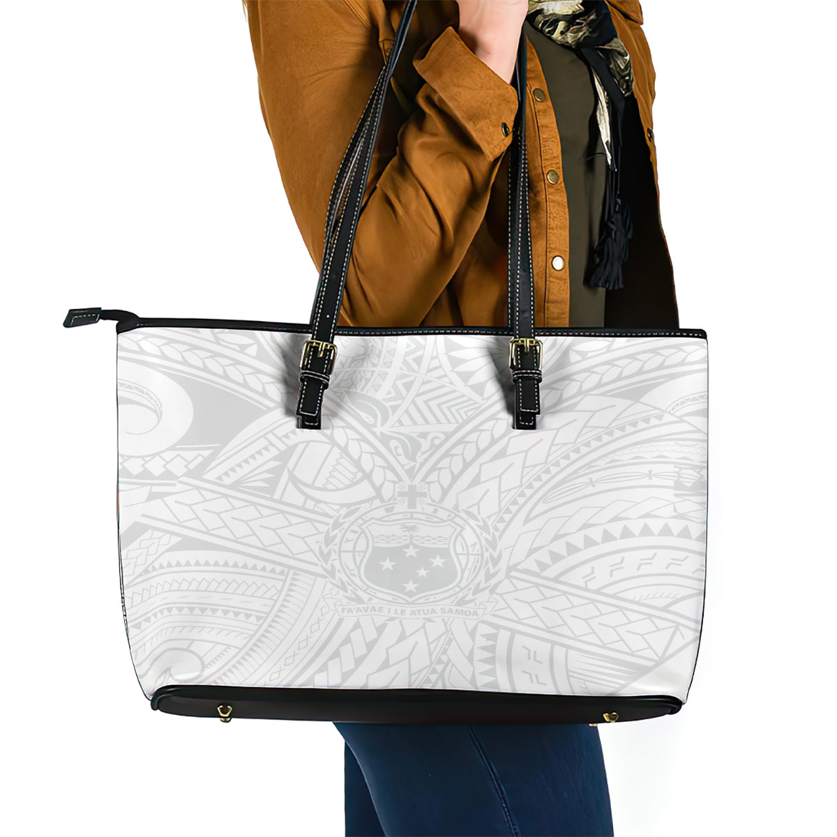 Samoa Lotu Tamaiti Leather Tote Bag Polynesian White Sunday Simple LT9