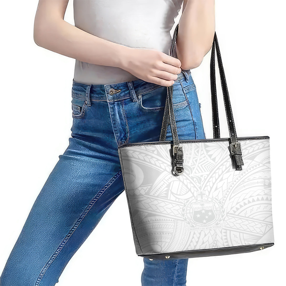 Samoa Lotu Tamaiti Leather Tote Bag Polynesian White Sunday Simple LT9