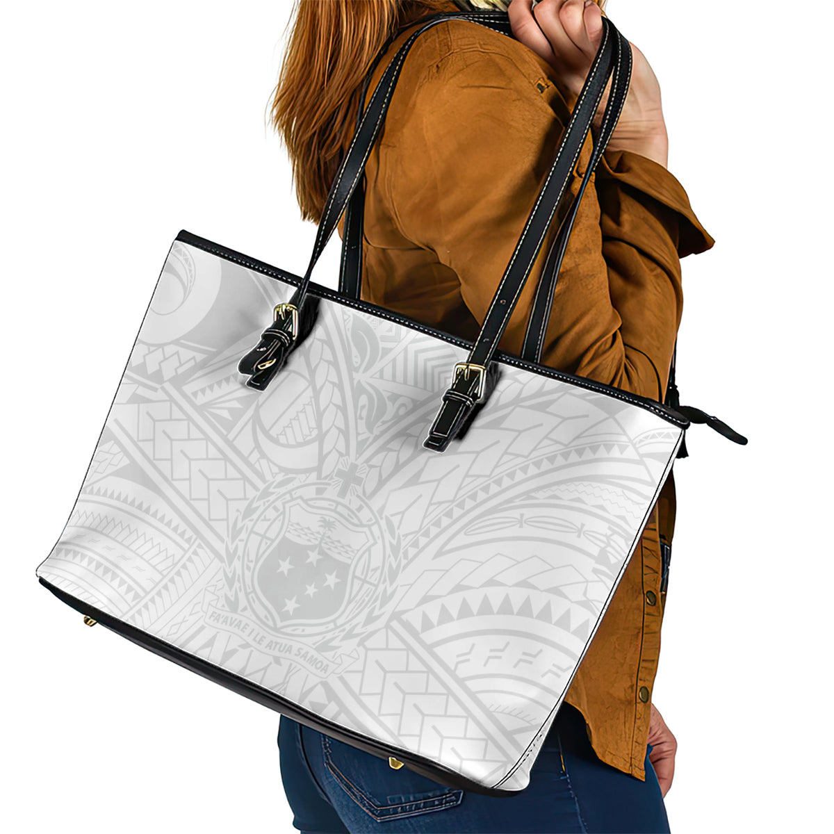 Samoa Lotu Tamaiti Leather Tote Bag Polynesian White Sunday Simple LT9