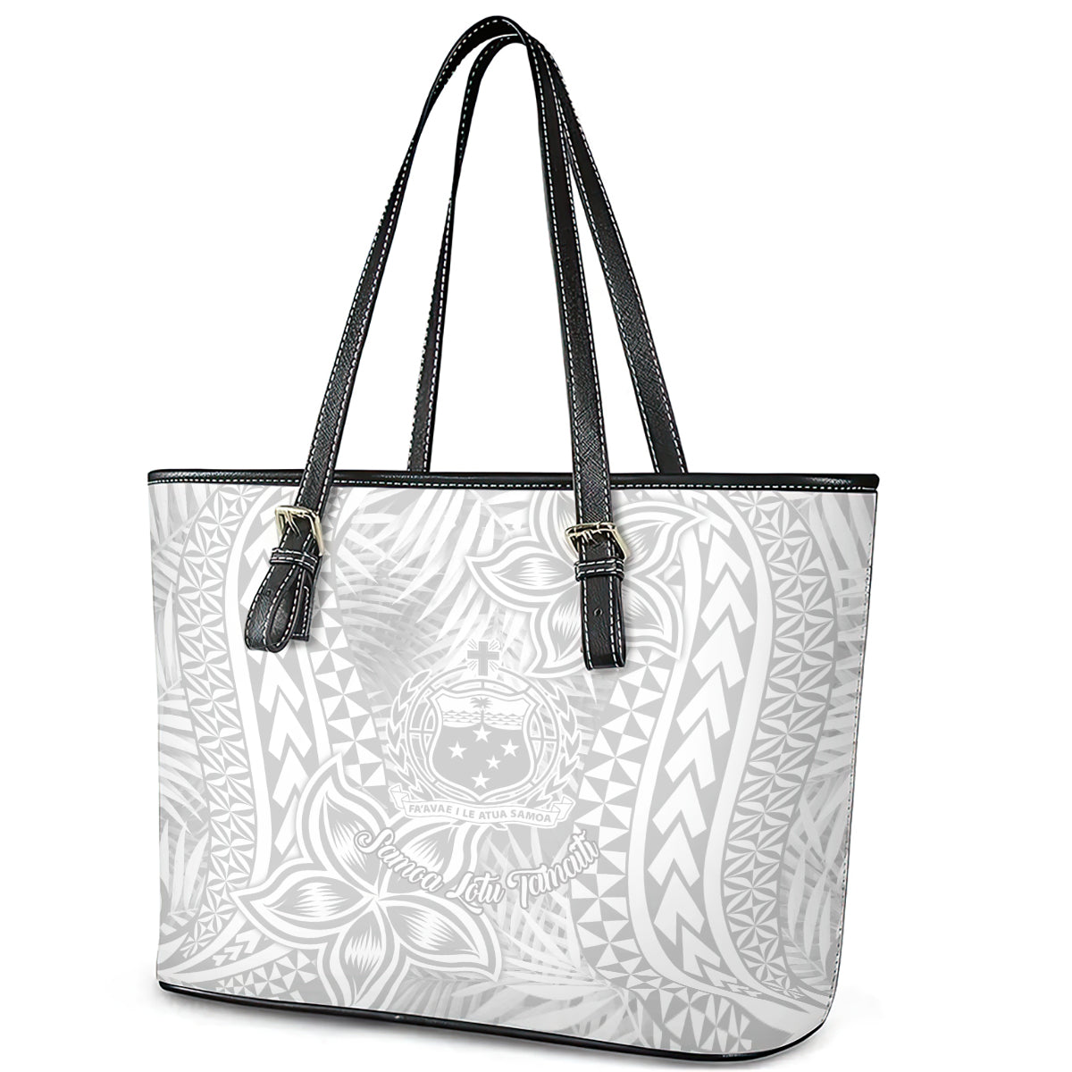 Samoa Lotu Tamait Leather Tote Bag Tropical Plant White Sunday With Polynesia Pattern LT9
