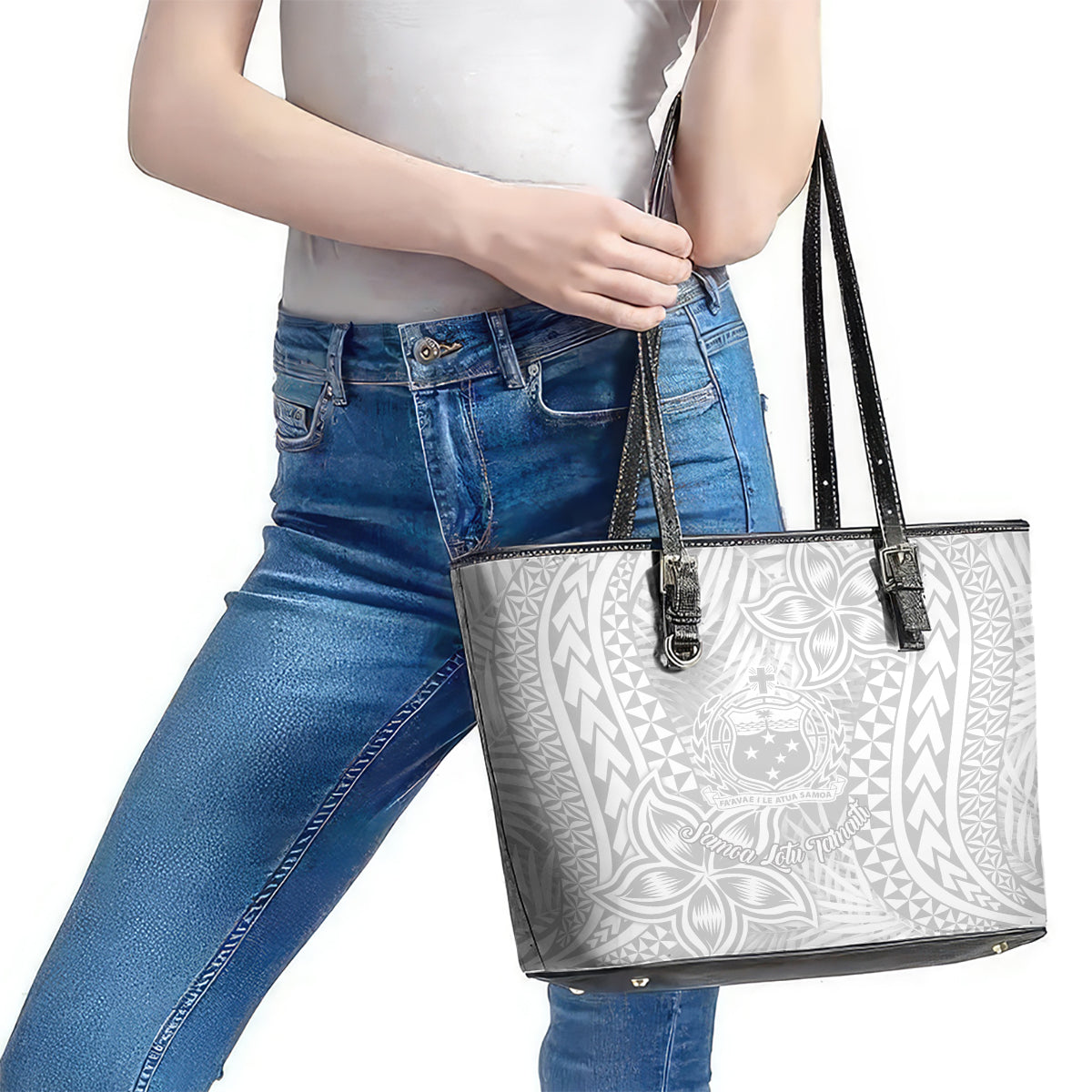 Samoa Lotu Tamait Leather Tote Bag Tropical Plant White Sunday With Polynesia Pattern LT9
