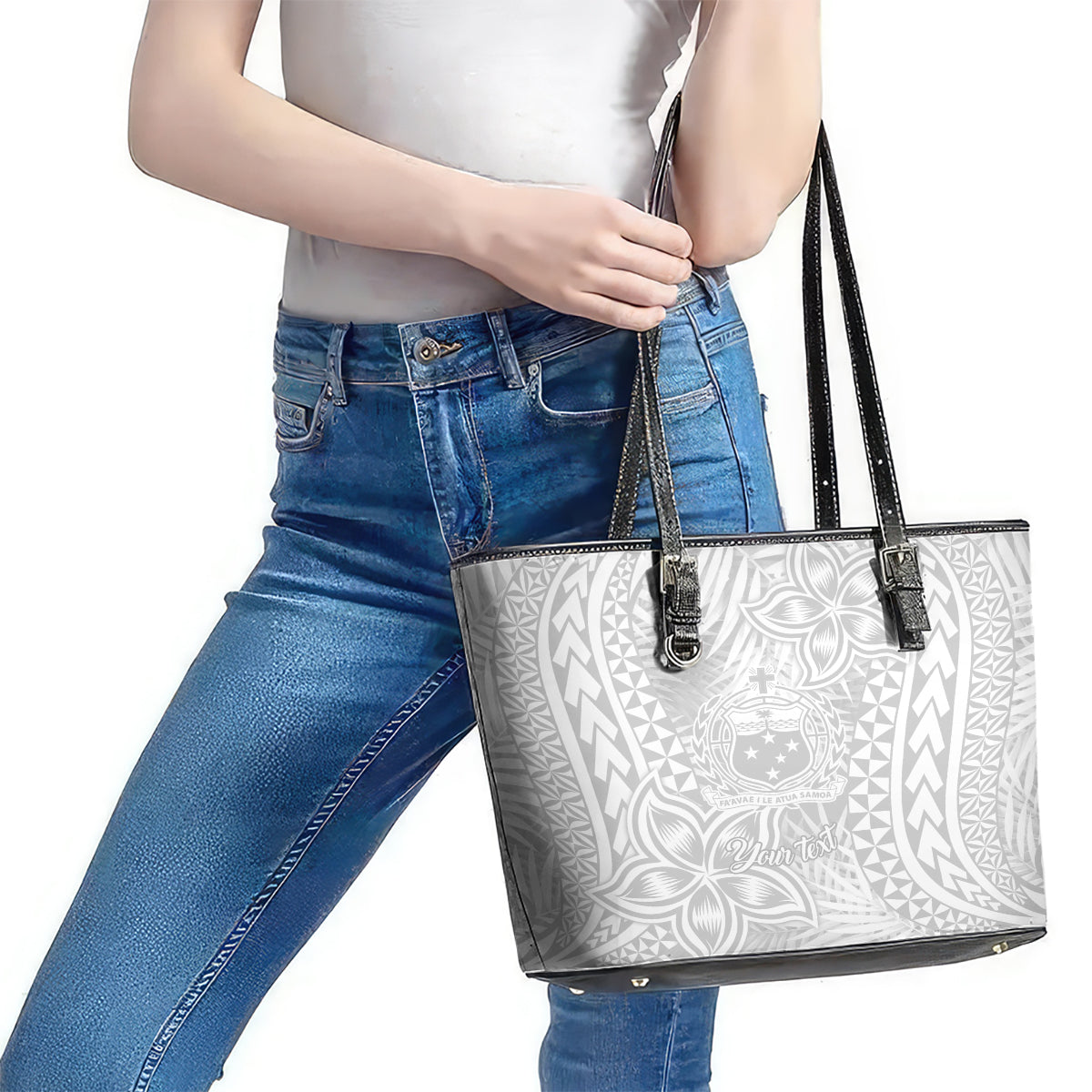 Personalised Samoa Lotu Tamait Leather Tote Bag Tropical Plant White Sunday With Polynesia Pattern LT9