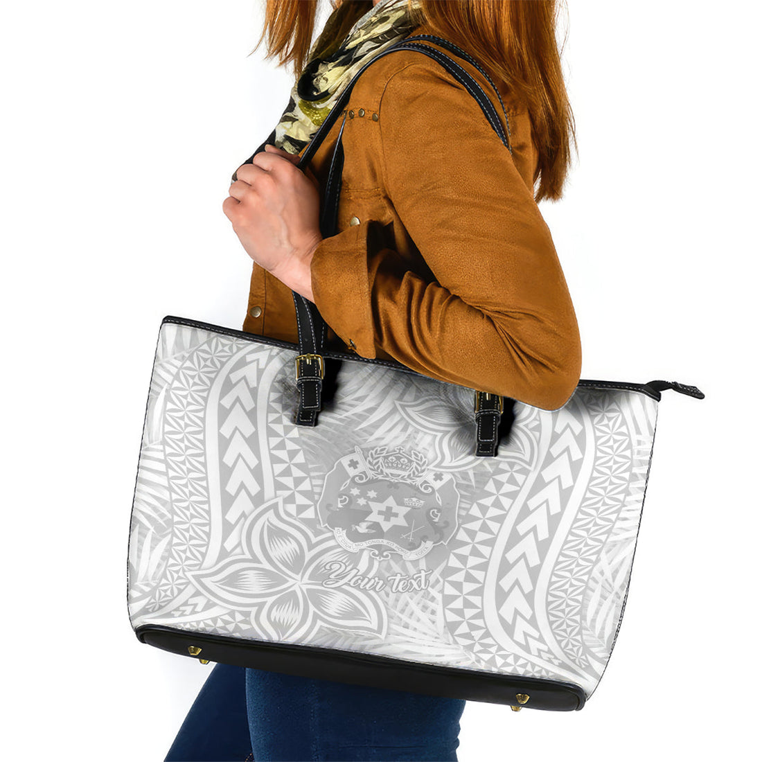 Personalised Tonga White Sunday Leather Tote Bag Tropical Plant With Polynesian Pattern LT9