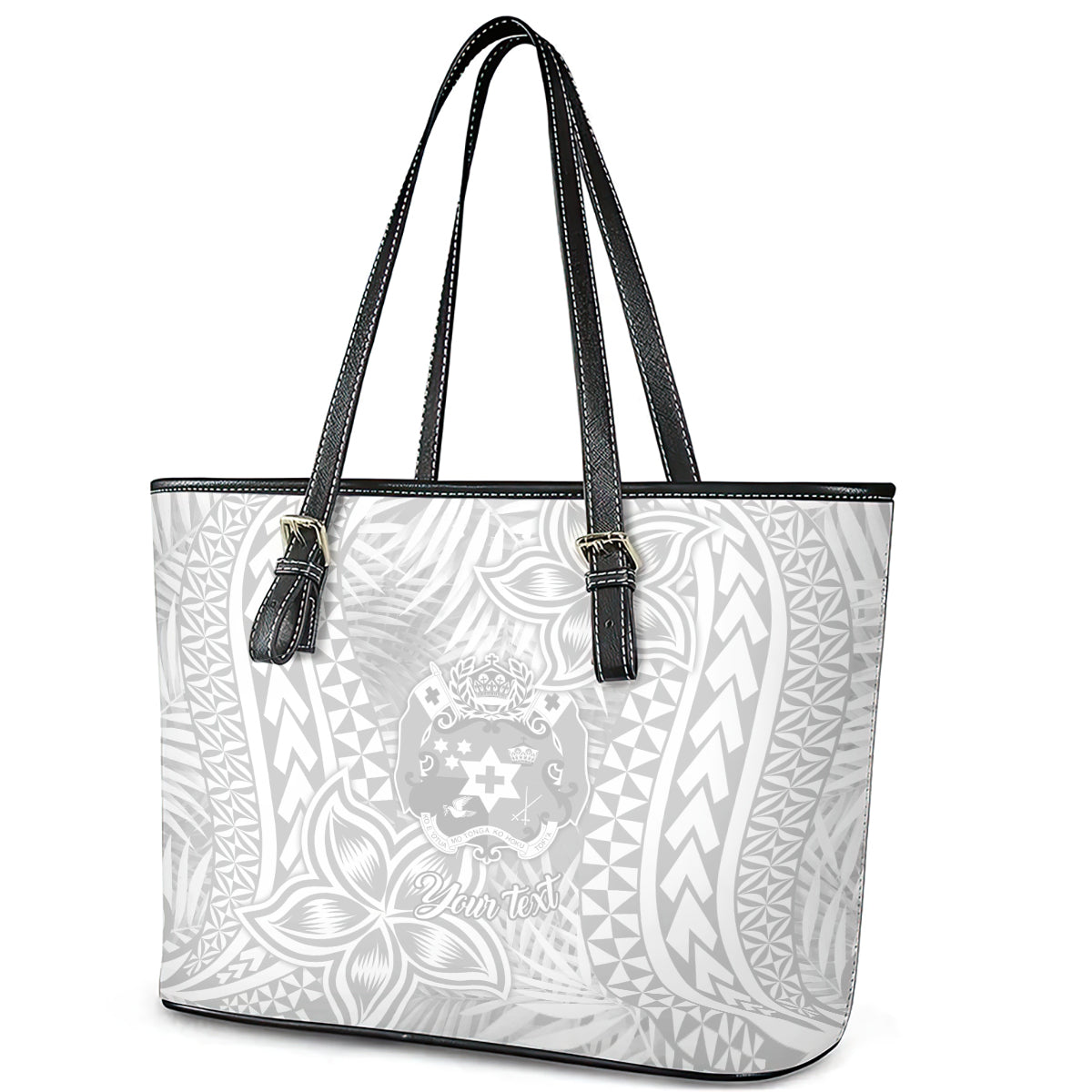 Personalised Tonga White Sunday Leather Tote Bag Tropical Plant With Polynesian Pattern LT9