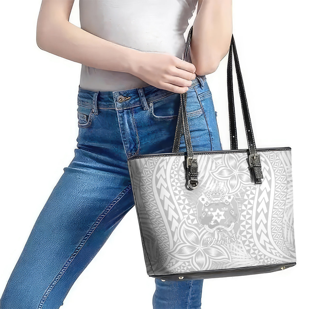 Personalised Tonga White Sunday Leather Tote Bag Tropical Plant With Polynesian Pattern LT9