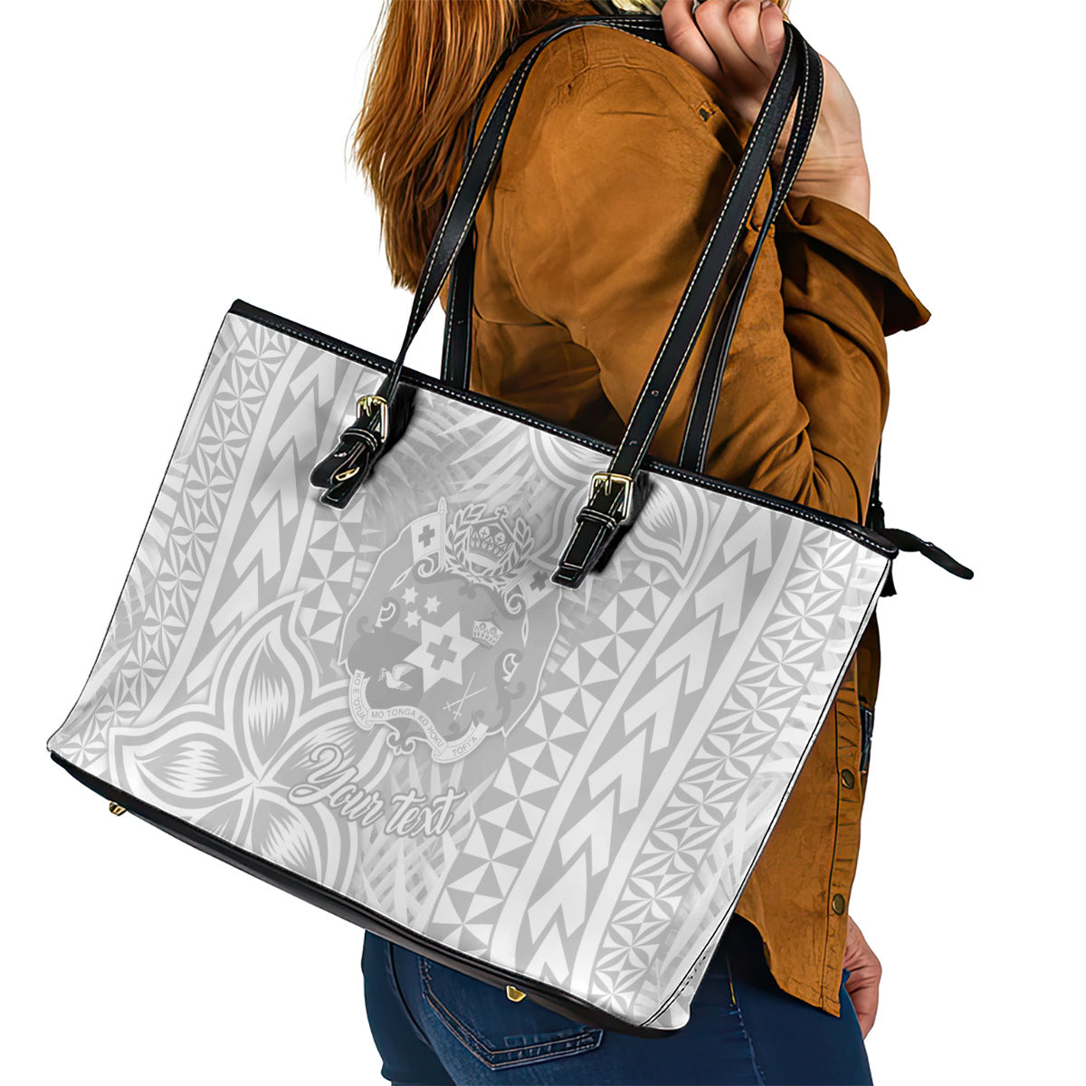 Personalised Tonga White Sunday Leather Tote Bag Tropical Plant With Polynesian Pattern LT9