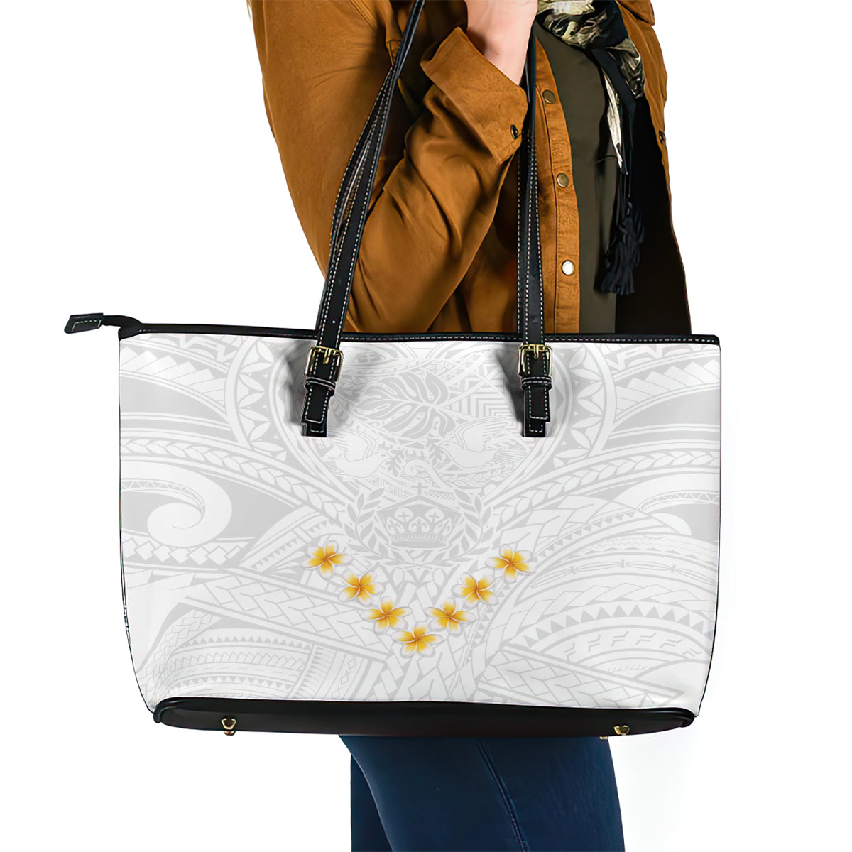 Tonga White Sunday Leather Tote Bag Polynesian Plumeria Tribal Simple LT9