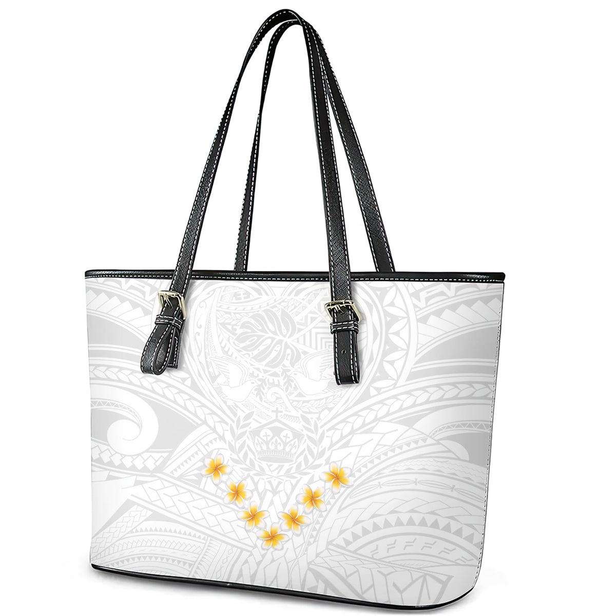 Tonga White Sunday Leather Tote Bag Polynesian Plumeria Tribal Simple LT9