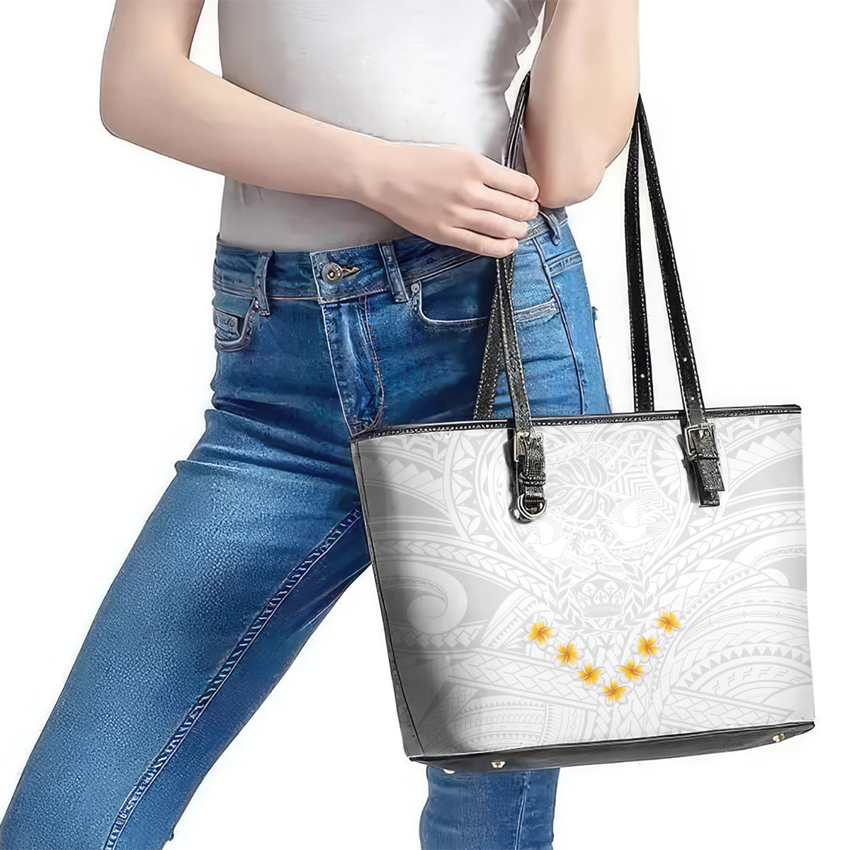 Tonga White Sunday Leather Tote Bag Polynesian Plumeria Tribal Simple LT9