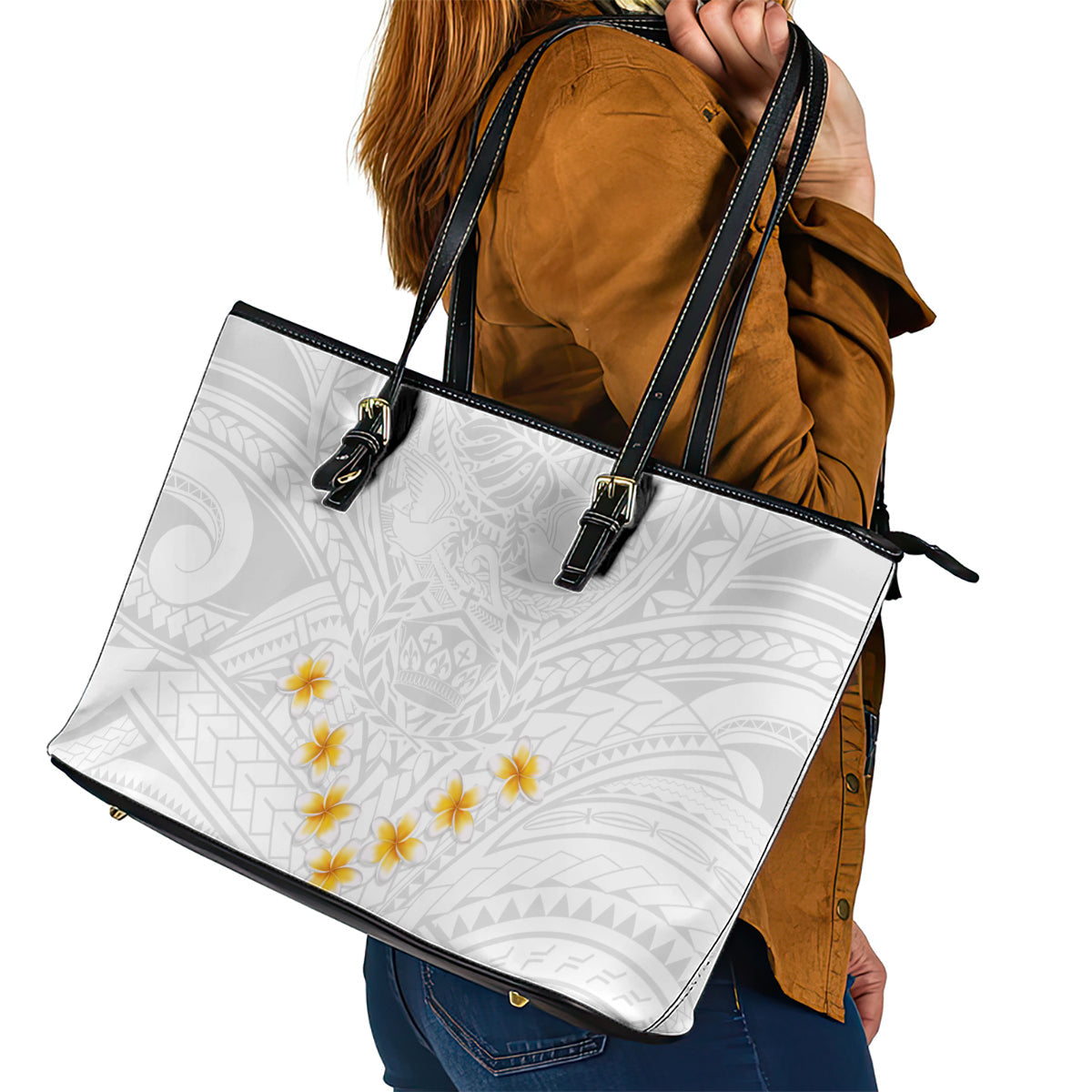 Tonga White Sunday Leather Tote Bag Polynesian Plumeria Tribal Simple LT9