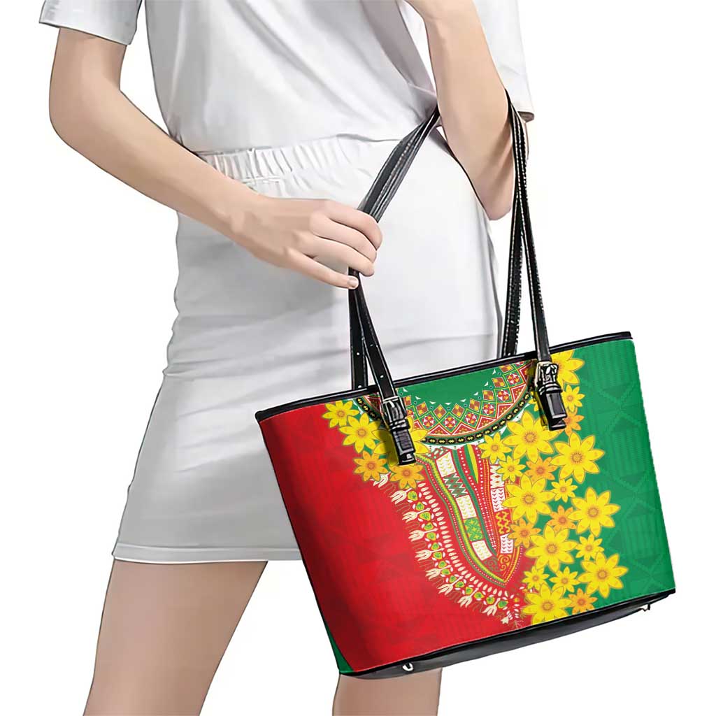 Ethiopian New Year Leather Tote Bag Enkutatash Adey Abeba Flower Art LT9