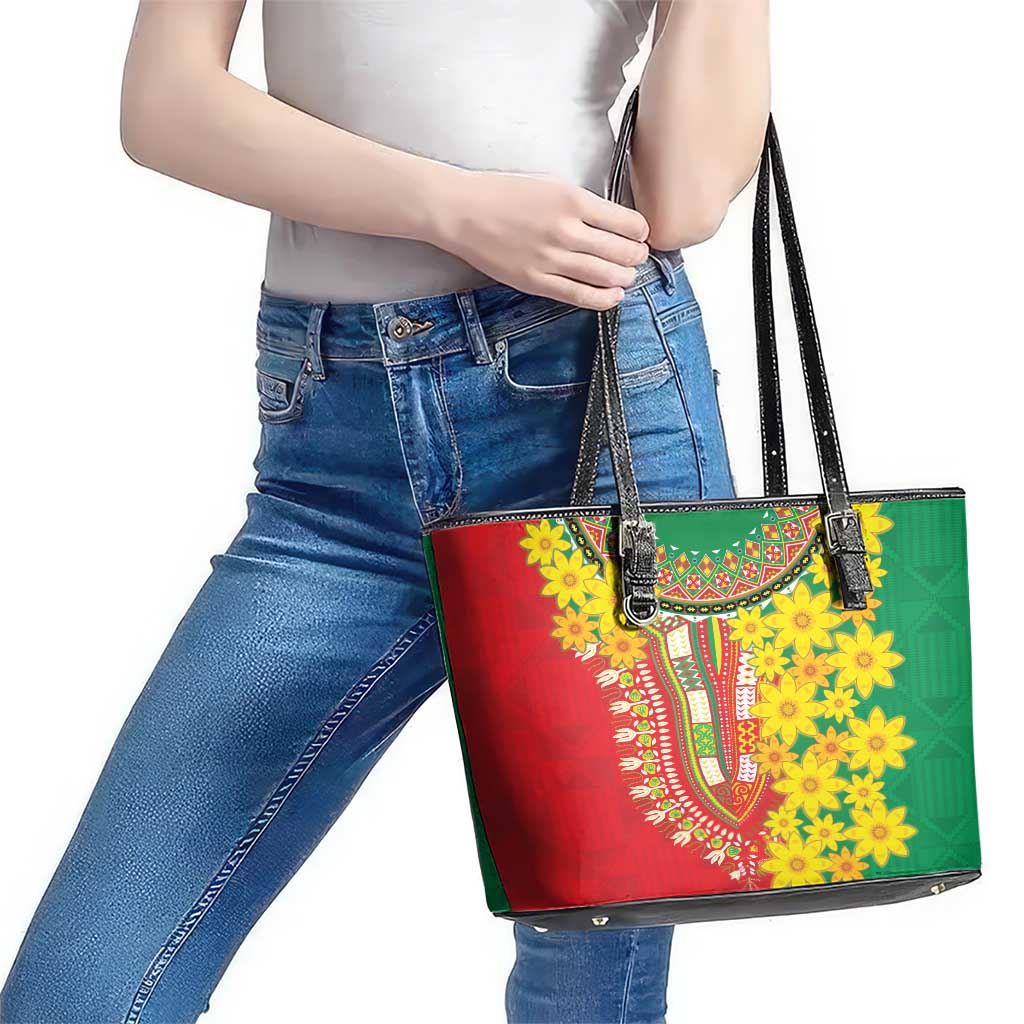 Ethiopian New Year Leather Tote Bag Enkutatash Adey Abeba Flower Art LT9