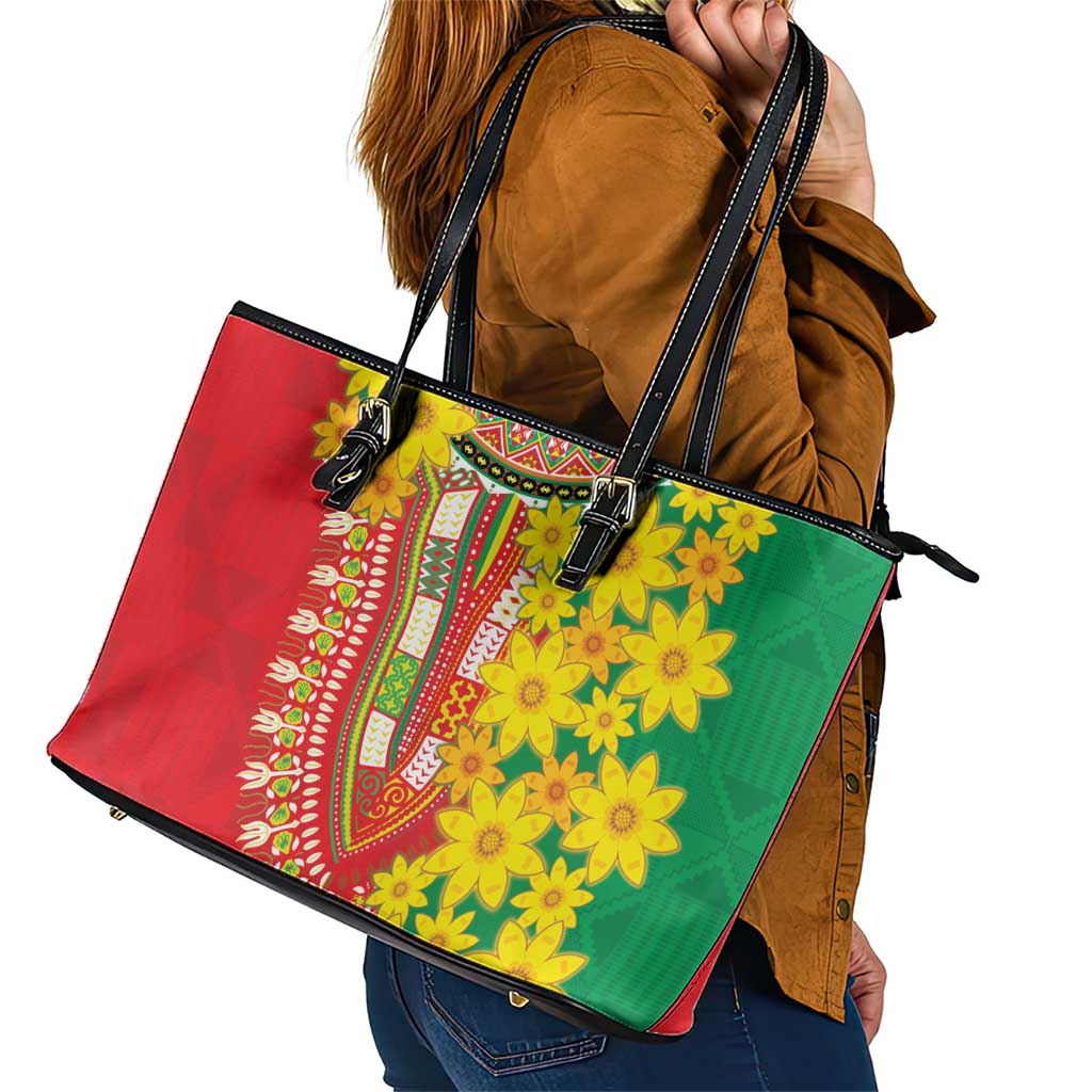 Ethiopian New Year Leather Tote Bag Enkutatash Adey Abeba Flower Art LT9