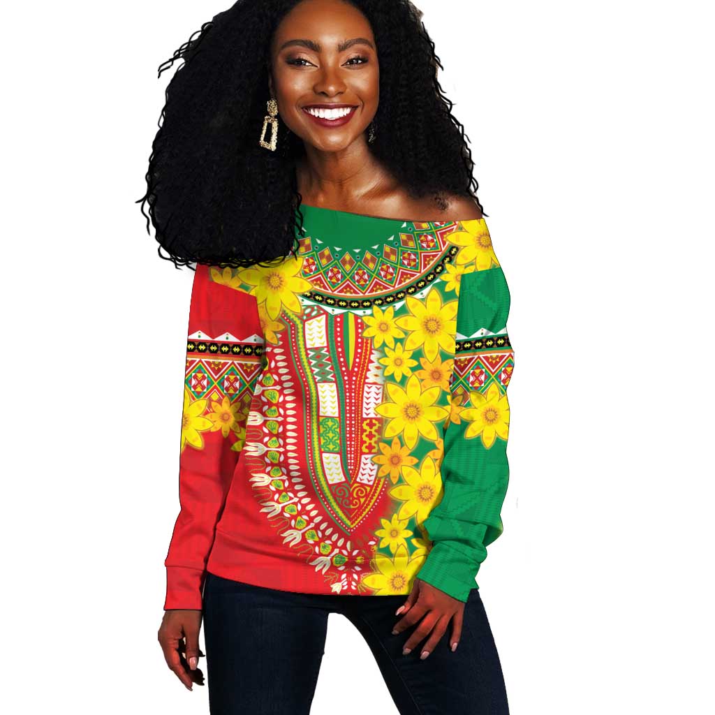 Afro Ethiopian New Year Off Shoulder Sweater Enkutatash Adey Abeba Flower Art LT9