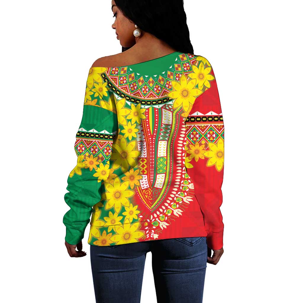 Afro Ethiopian New Year Off Shoulder Sweater Enkutatash Adey Abeba Flower Art LT9