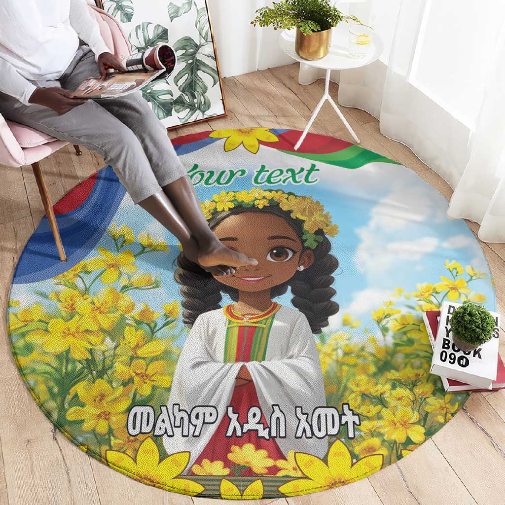 Happy Enkutatash Eritrea Personalized Round Carpet Beautiful Afro Girl Adey Abeba Flower LT9