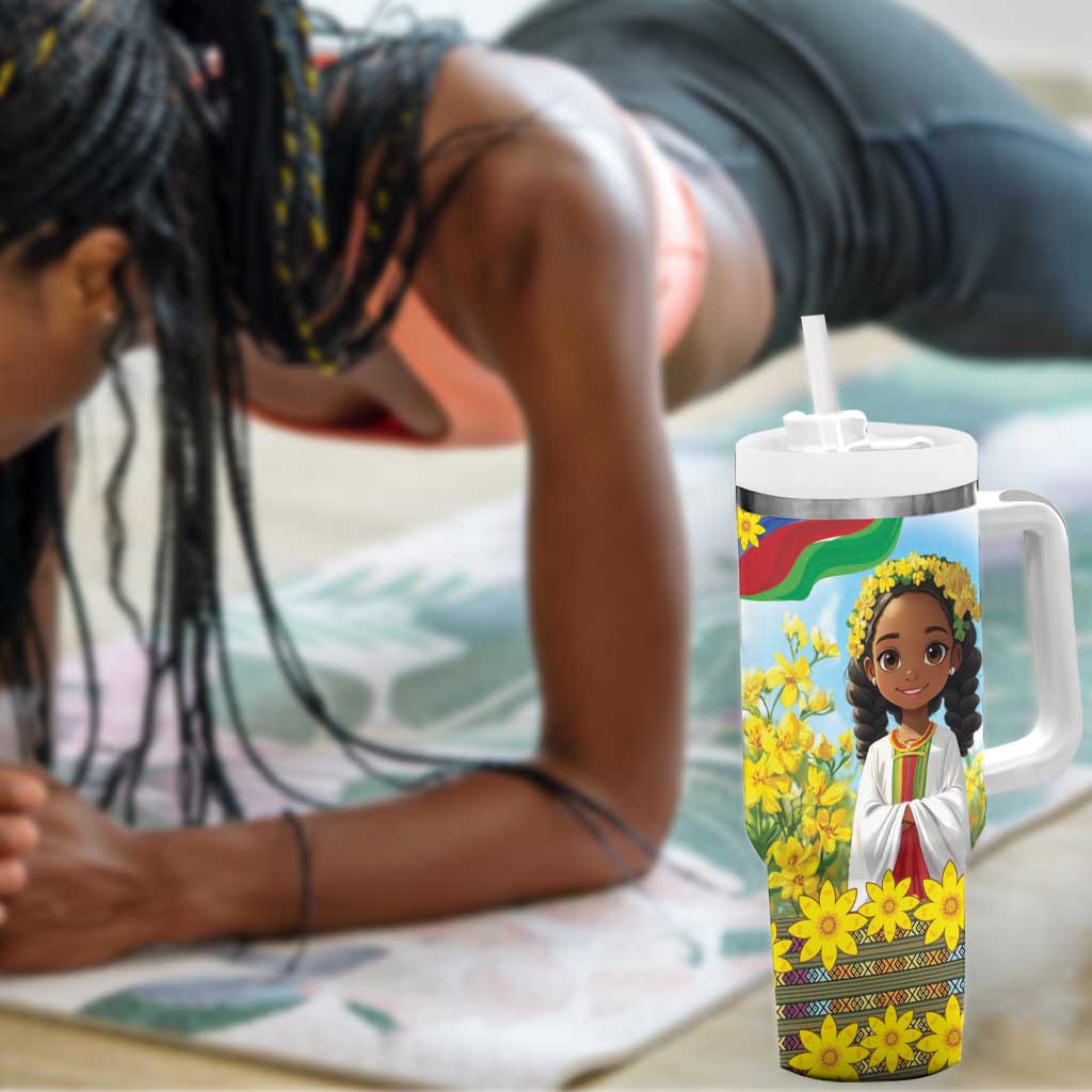 Happy Enkutatash Eritrea Personalized Tumbler With Handle Beautiful Afro Girl Adey Abeba Flower LT9