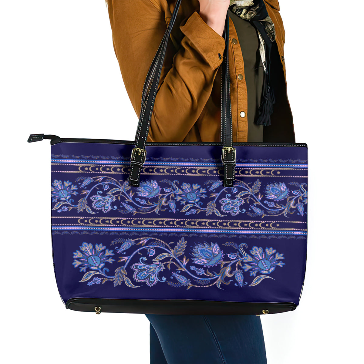 Azerbaijan Leather Tote Bag Traditional Pattern Ornament With Flowers Buta Blue LT9