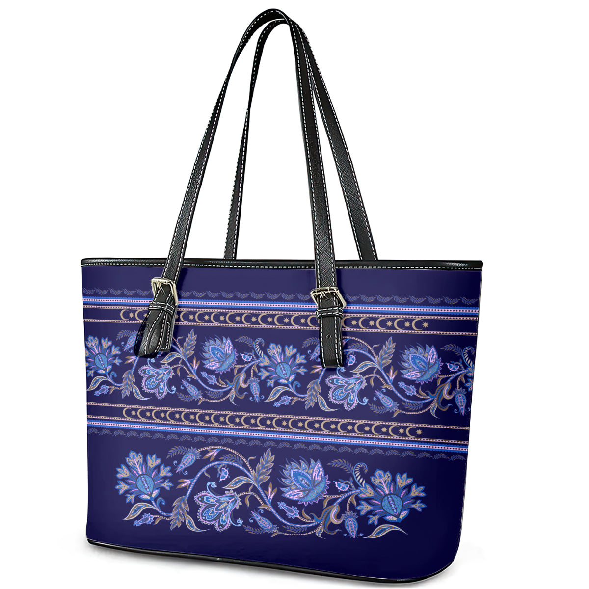 Azerbaijan Leather Tote Bag Traditional Pattern Ornament With Flowers Buta Blue LT9