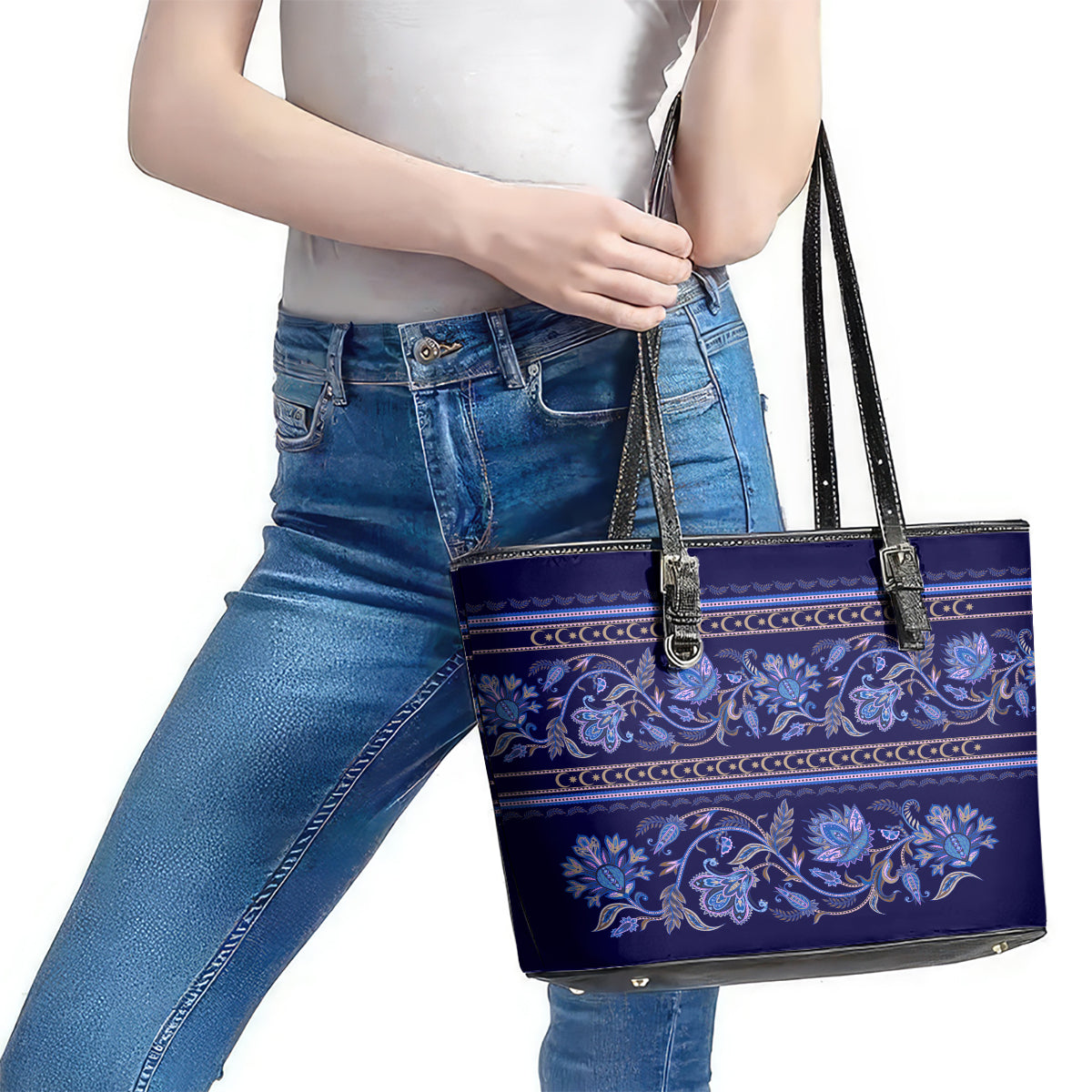 Azerbaijan Leather Tote Bag Traditional Pattern Ornament With Flowers Buta Blue LT9