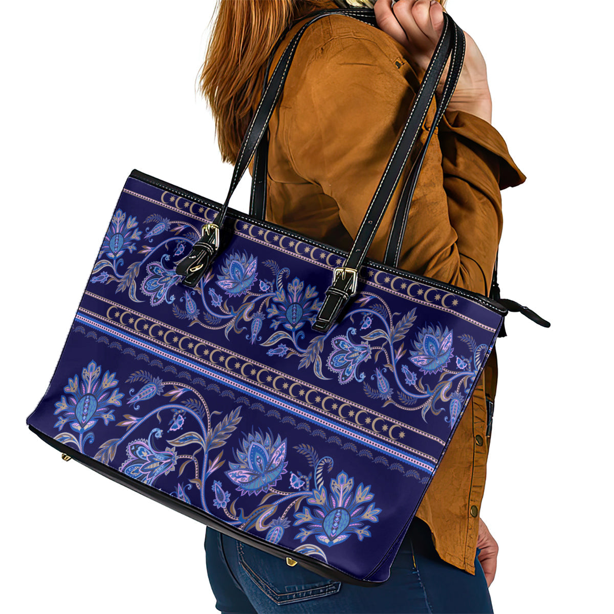 Azerbaijan Leather Tote Bag Traditional Pattern Ornament With Flowers Buta Blue LT9