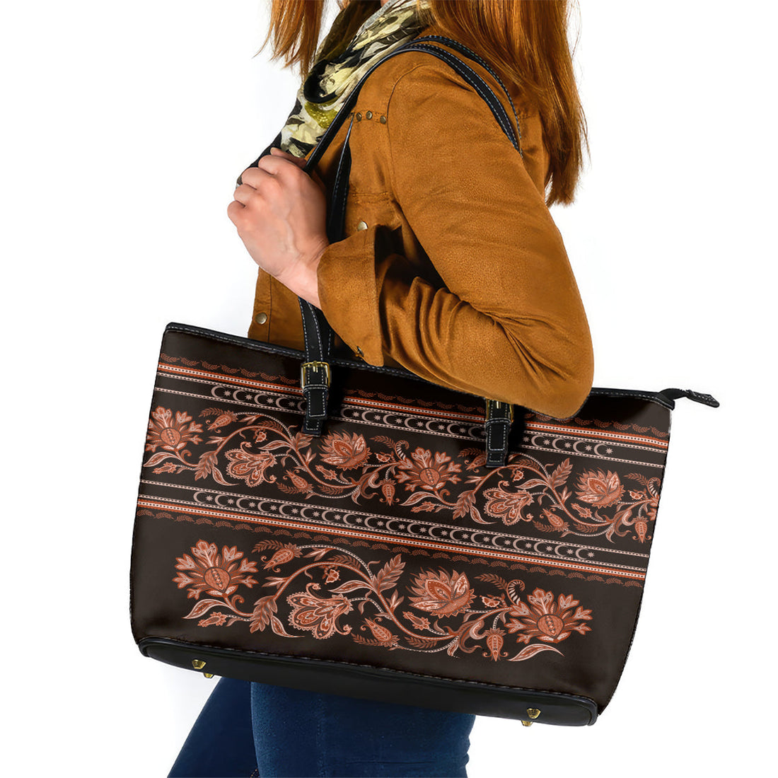 Azerbaijan Leather Tote Bag Traditional Pattern Ornament With Flowers Buta Gold LT9