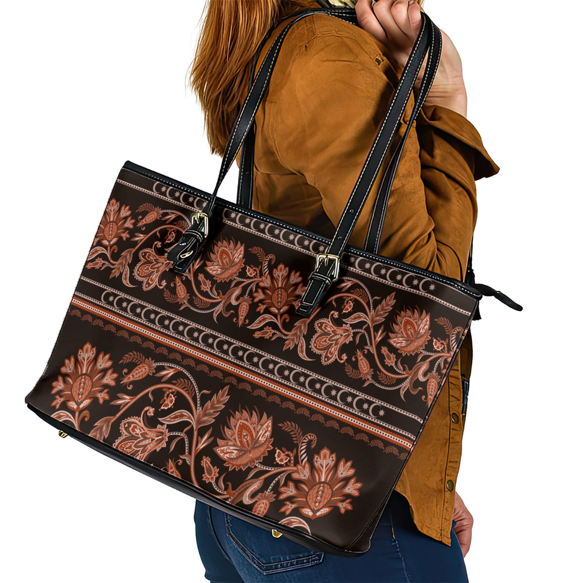 Azerbaijan Leather Tote Bag Traditional Pattern Ornament With Flowers Buta Gold LT9