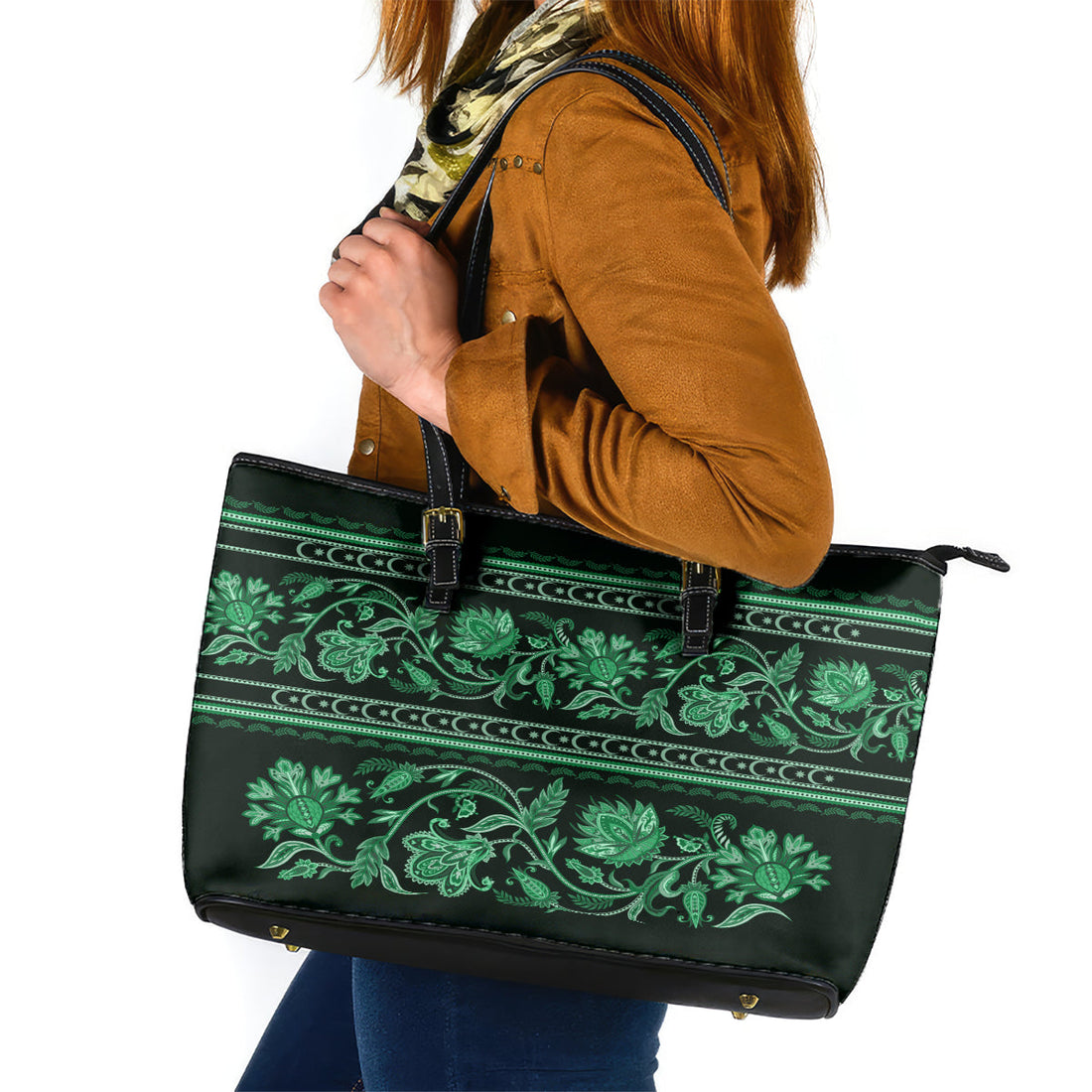 Azerbaijan Leather Tote Bag Traditional Pattern Ornament With Flowers Buta Green LT9