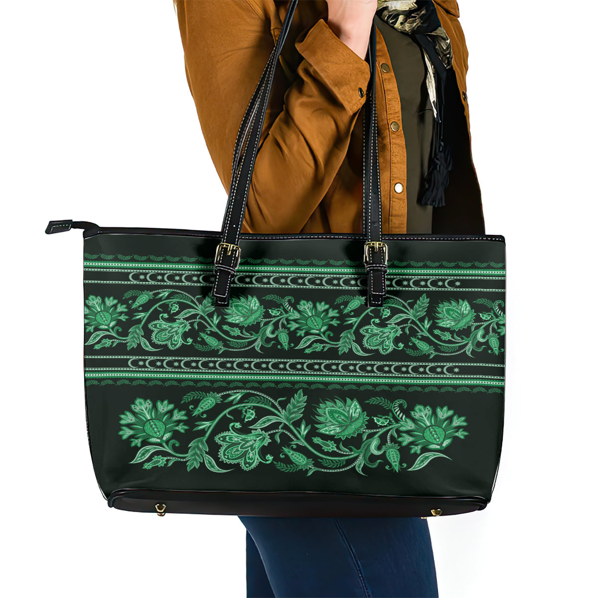 Azerbaijan Leather Tote Bag Traditional Pattern Ornament With Flowers Buta Green LT9