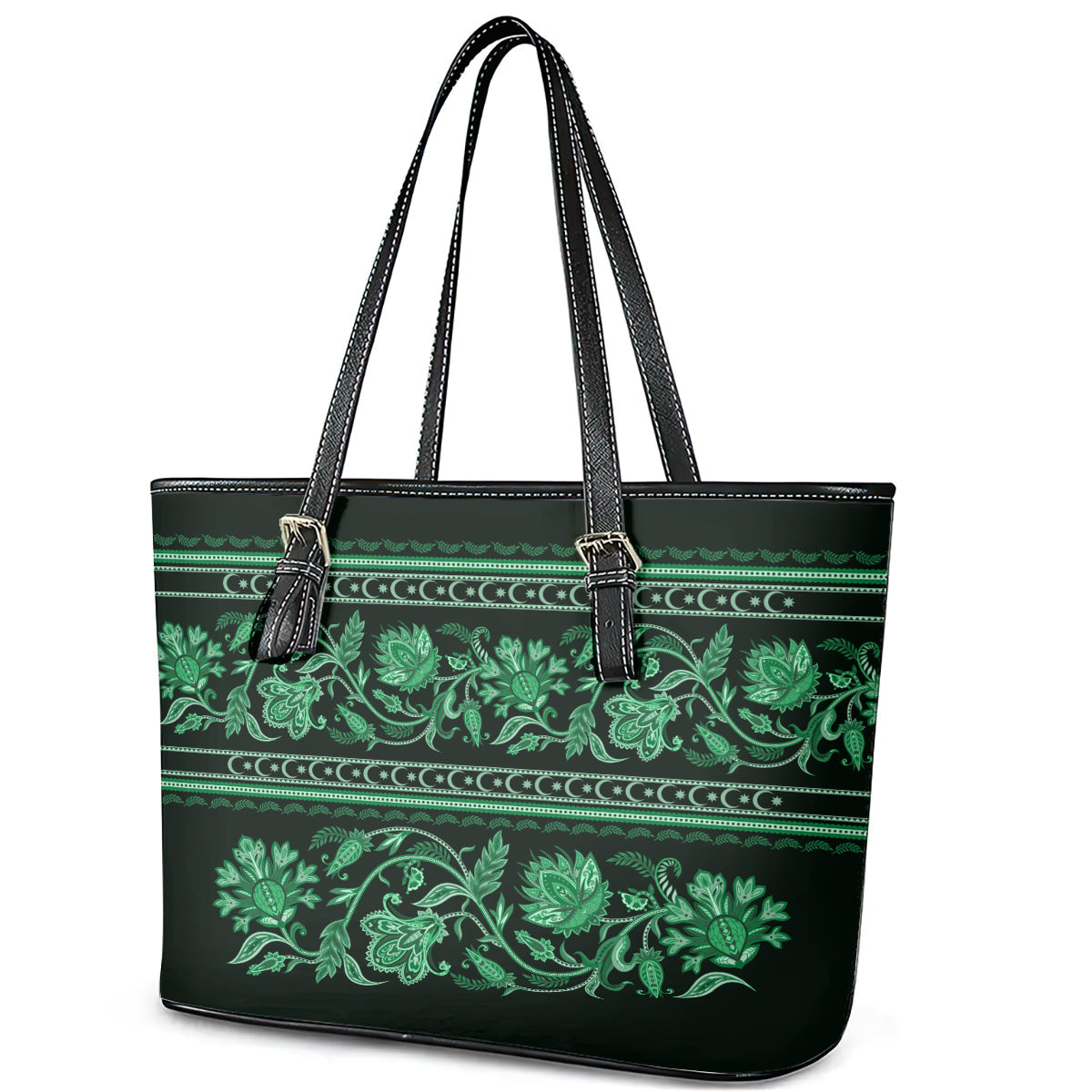 Azerbaijan Leather Tote Bag Traditional Pattern Ornament With Flowers Buta Green LT9