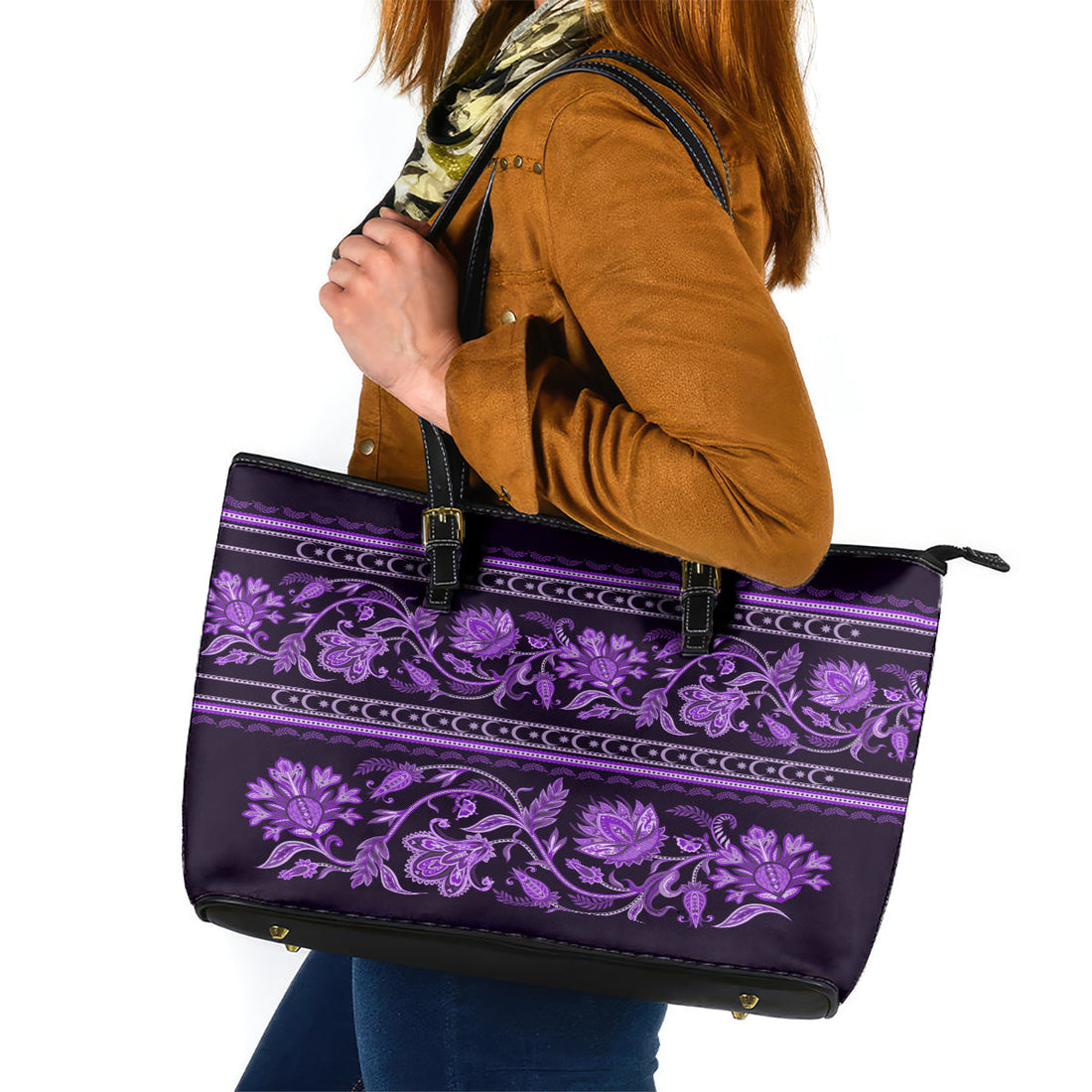 Azerbaijan Leather Tote Bag Traditional Pattern Ornament With Flowers Buta Violet LT9