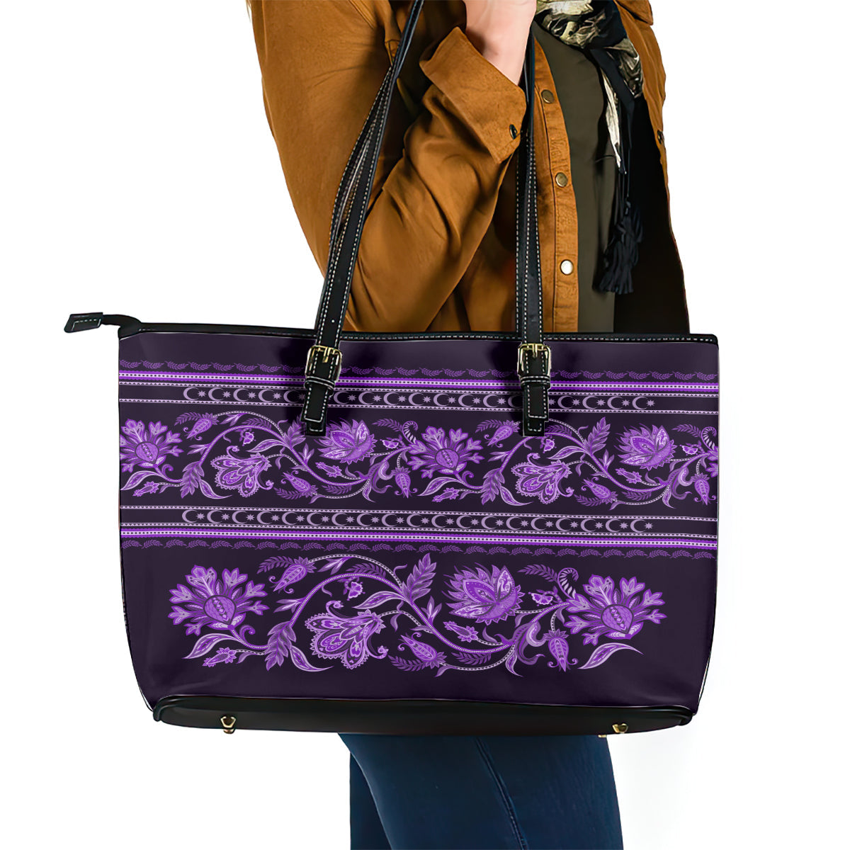 Azerbaijan Leather Tote Bag Traditional Pattern Ornament With Flowers Buta Violet LT9