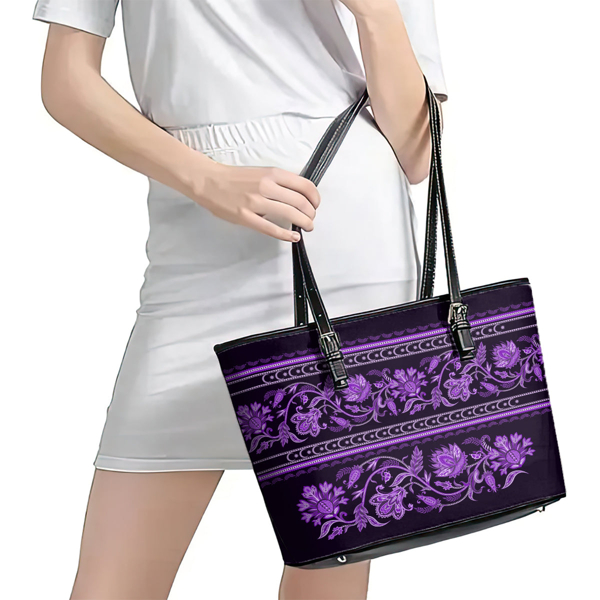 Azerbaijan Leather Tote Bag Traditional Pattern Ornament With Flowers Buta Violet LT9