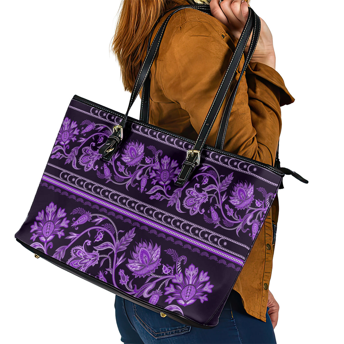 Azerbaijan Leather Tote Bag Traditional Pattern Ornament With Flowers Buta Violet LT9