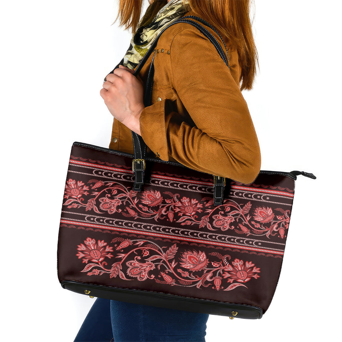 Azerbaijan Leather Tote Bag Traditional Pattern Ornament With Flowers Buta Red LT9