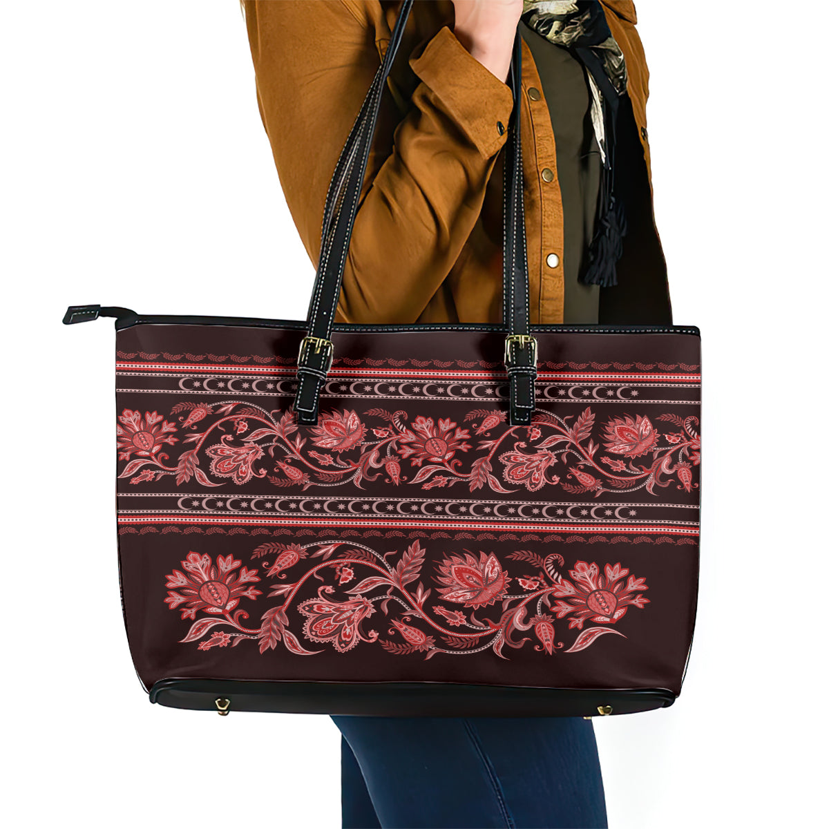 Azerbaijan Leather Tote Bag Traditional Pattern Ornament With Flowers Buta Red LT9