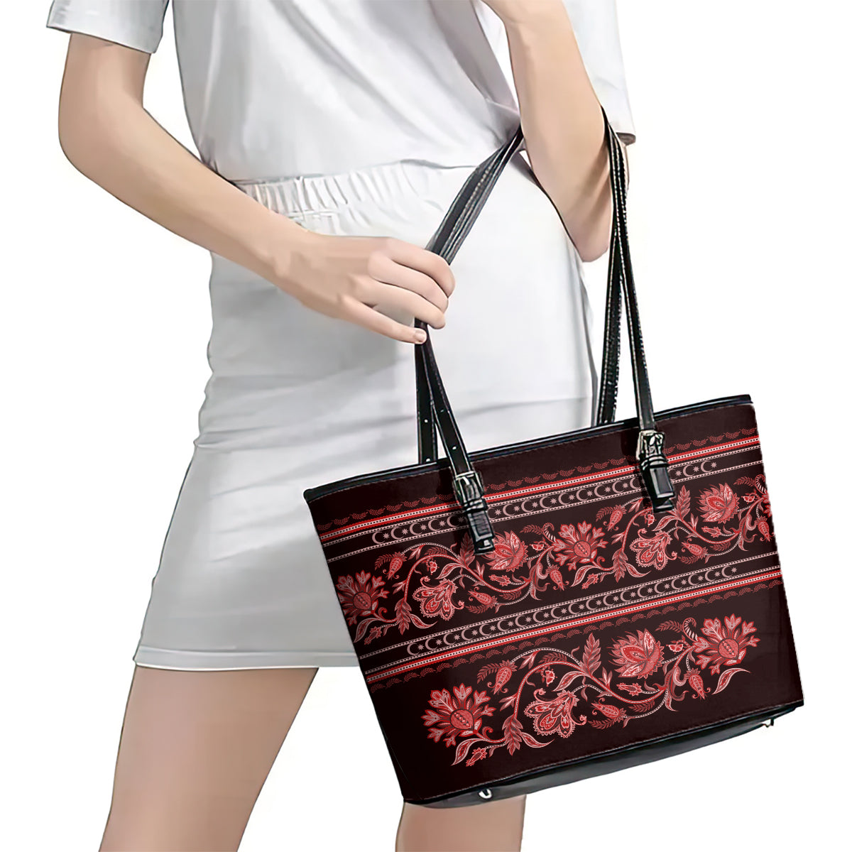 Azerbaijan Leather Tote Bag Traditional Pattern Ornament With Flowers Buta Red LT9